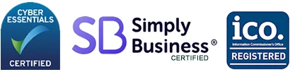 Simply Business, ICO and Cyber Essentials Registered Logos