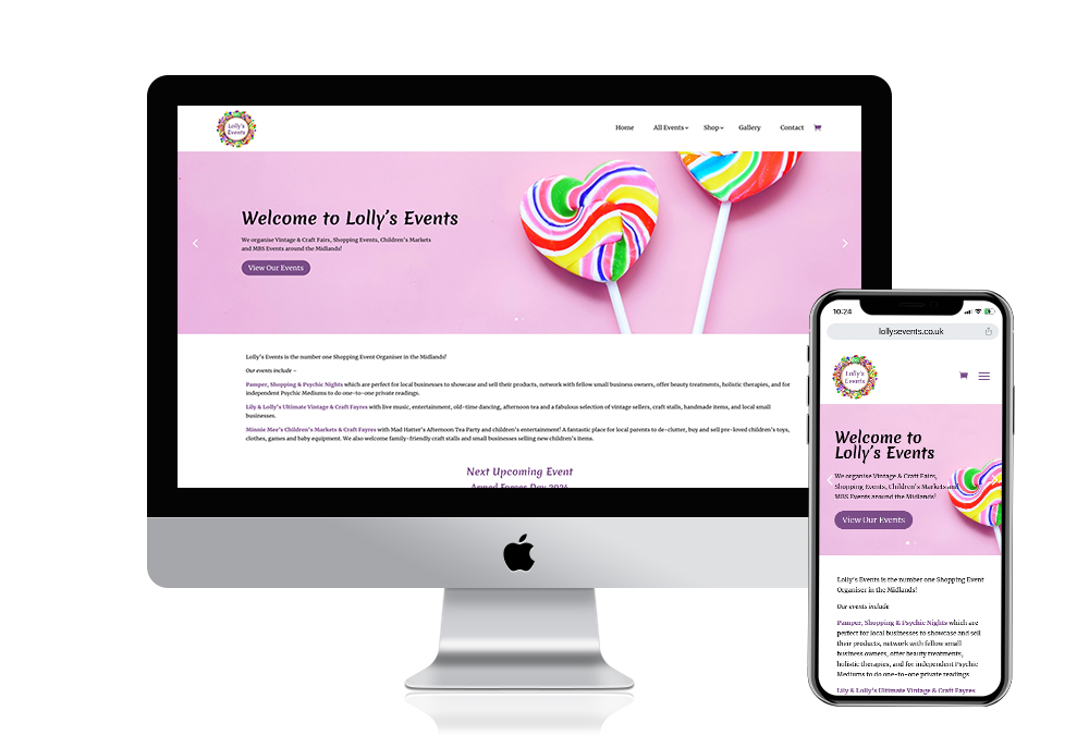 Lollys events computer and phone website mockup