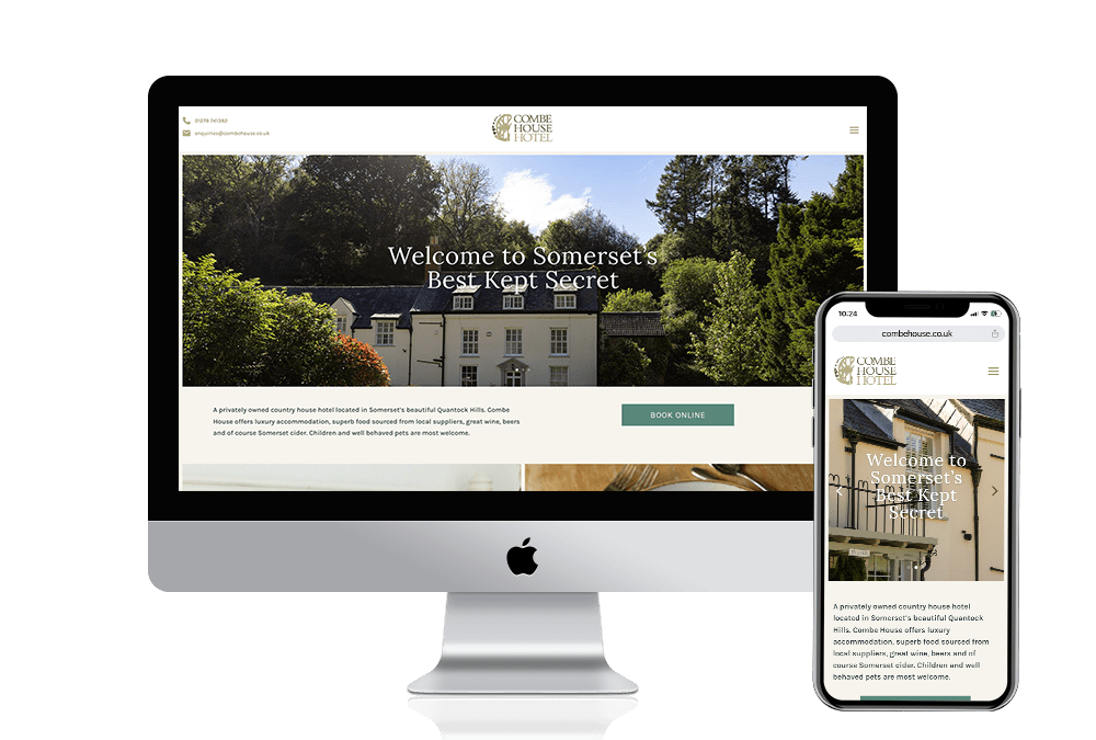 Combe house website mockup on computer and phone