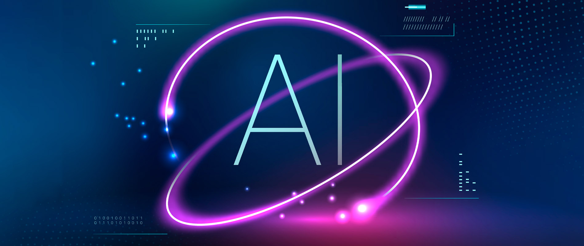 a futuristic graphic featuring the letters ‘AI’ surrounded by glowing pink and purple light trails on a blue background
