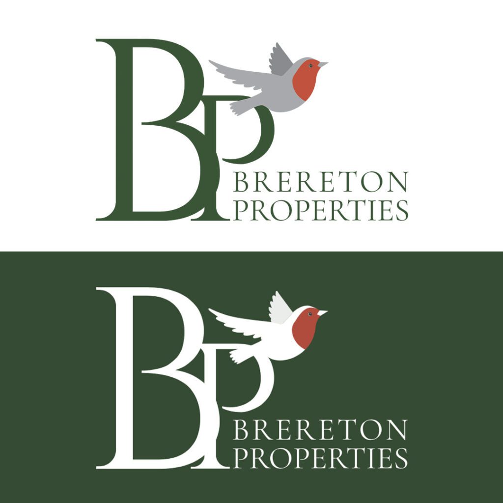 The Brereton Properties logo with the Robin included, on a white background with green text and underneath on a green background with white text