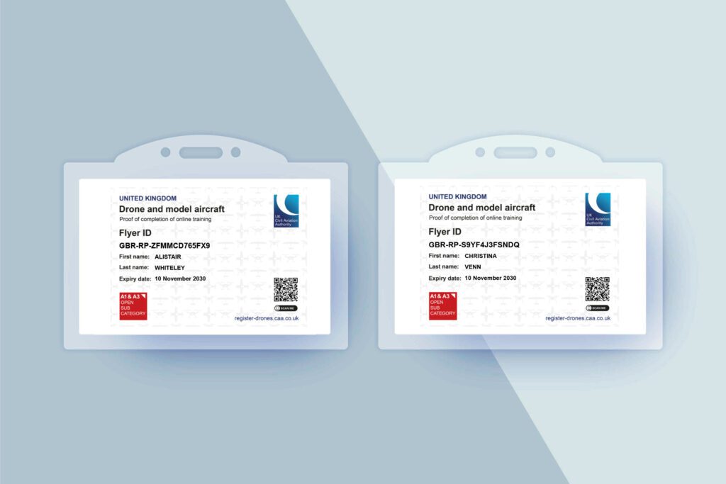 A mockup showing two ID cards with the drone ID's