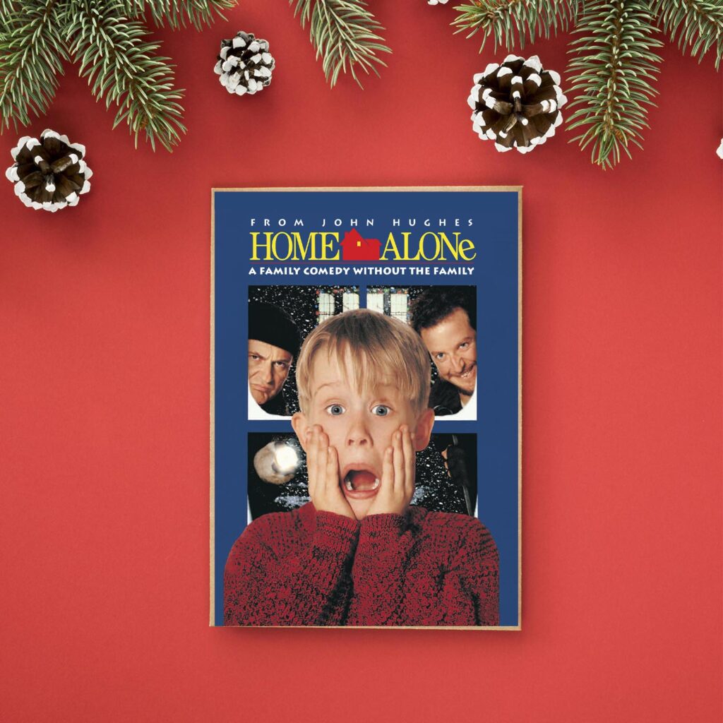 Home Alone christmas film cover on a festive background