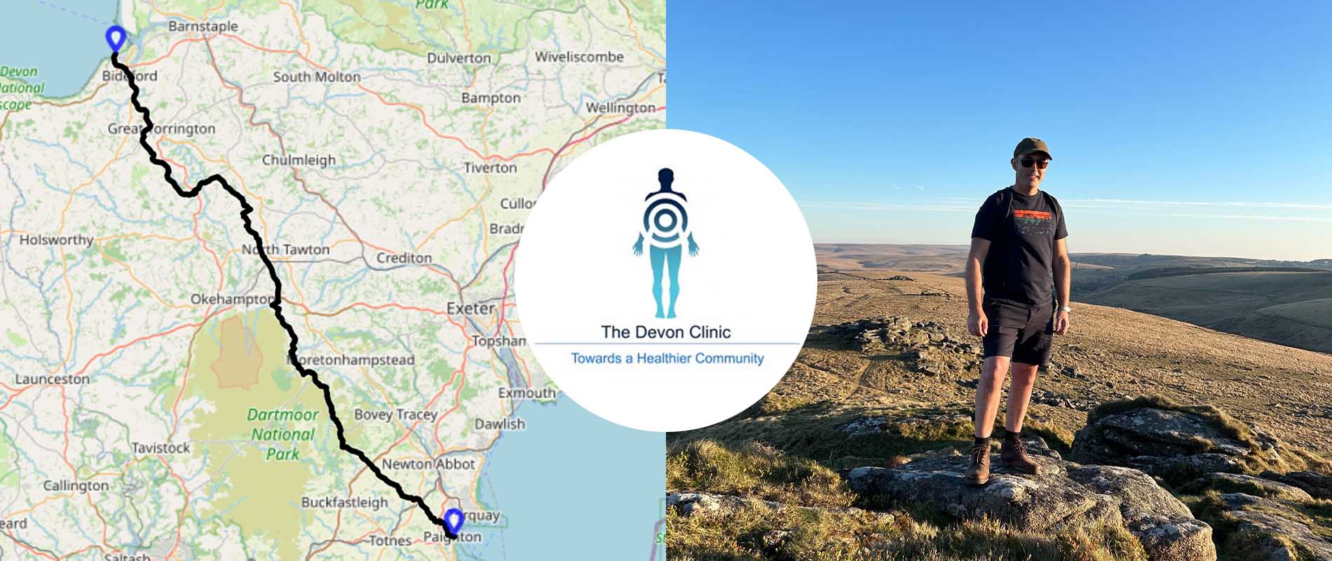 Alistair on a walk and a graphic showing the 24 in 26 devon coast to coast route
