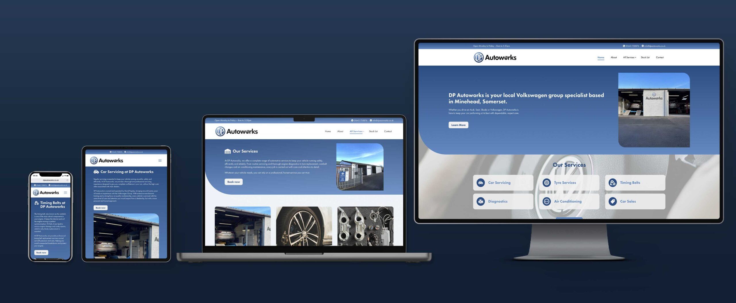 DP Autoworks Website Mockup Dark BG DP Autoworks Responsive Website Mockup shown on mobile, tablet, laptop and desktop size