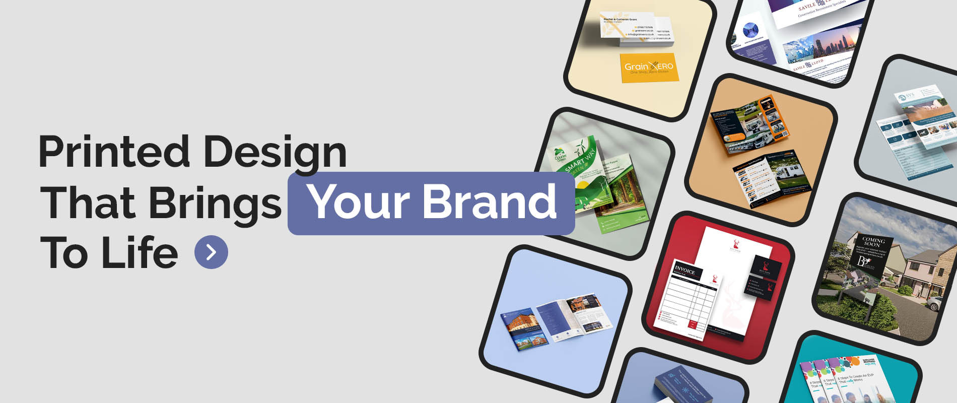 Examples of printed designs we have created for clients, includes business cards, flyers, posters, brochures and more